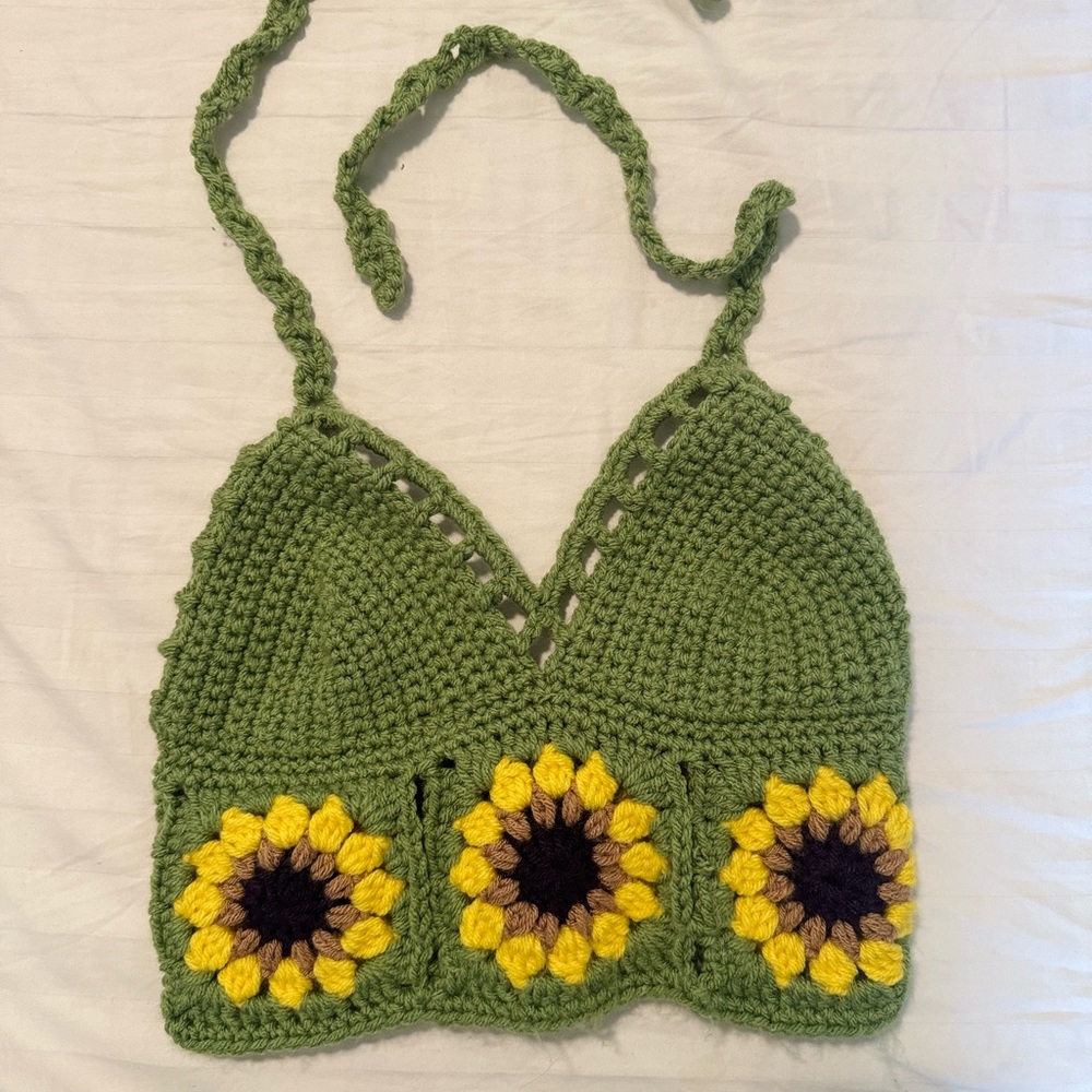 Handmade Green Crochet Halter Top with Sunflower Design